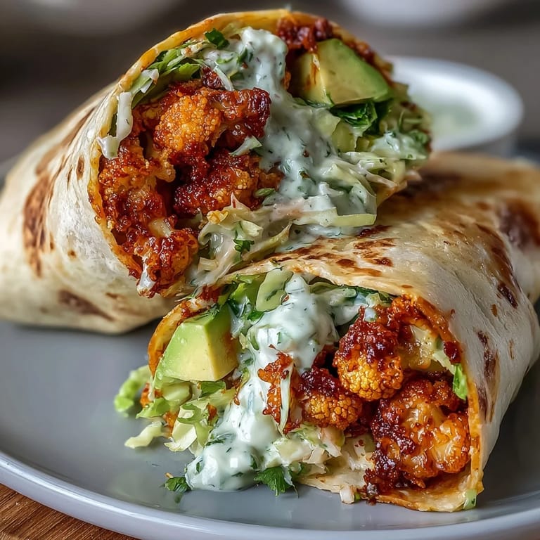 Spicy, crunchy buffalo cauliflower with tangy vegan ranch slaw and fresh avocado slices in a hearty flour tortilla wrap.  