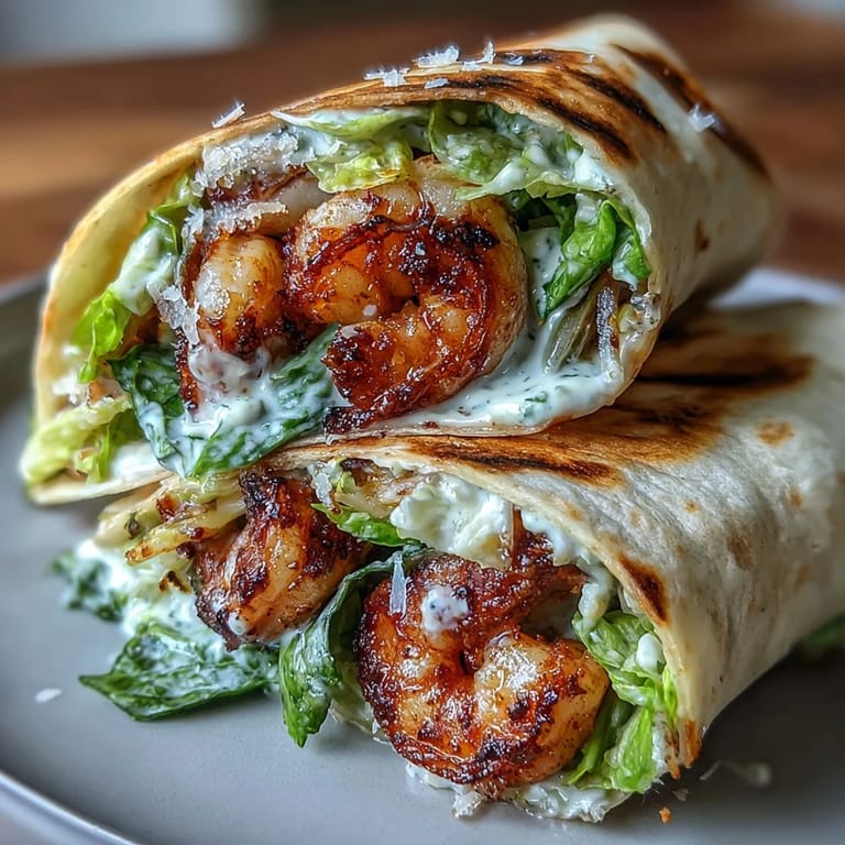 Grilled shrimp Caesar wraps showcasing juicy seafood, crunchy romaine lettuce, and a rich, tangy dressing wrapped in a soft tortilla.