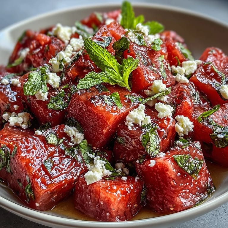Colorful Mediterranean-inspired salad with ripe watermelon chunks, tangy feta crumbles, and fresh mint, served chilled for a crisp and hydrating appetizer or side.