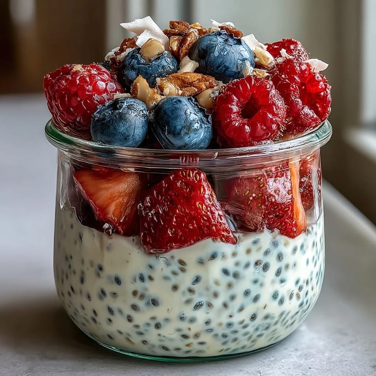 Layered chia pudding cups with juicy summer berries, coconut flakes, and mint, perfect for healthy breakfasts or on-the-go snacks.