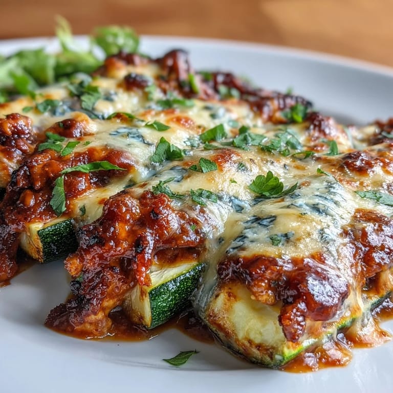 Savory shredded chicken and enchilada sauce fill tender zucchini boats, baked until the cheese is golden and bubbly for a keto-friendly feast.