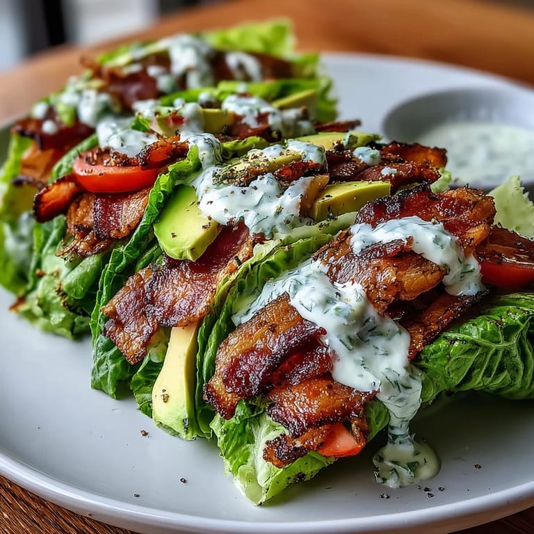 Fresh lettuce wraps filled with smoky bacon, ripe avocado, and zesty garlic mayo, topped generously with cracked black pepper for bold flavor.  