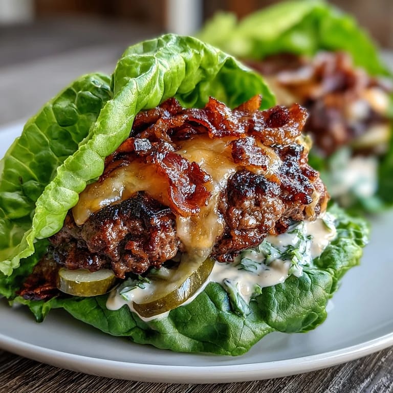 Savory ground beef cheeseburgers wrapped in fresh lettuce, layered with pickles and a smoky, tangy homemade secret sauce for a low-carb twist.