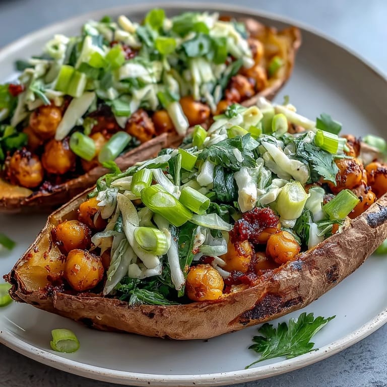 Flavorful vegan BBQ chickpea stuffed sweet potatoes served with crunchy slaw and fresh cilantro, perfect for a healthy weeknight dinner.