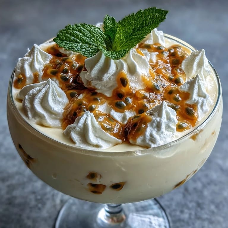 Smooth, tangy passionfruit mousse dessert topped with bright passionfruit seeds and mint leaves for a refreshing finish.