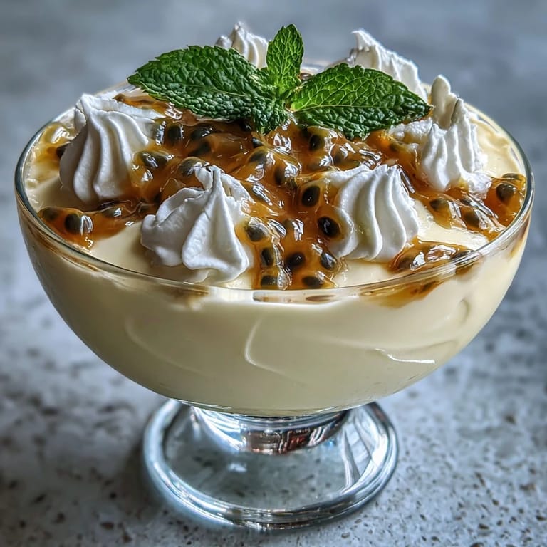 Creamy passionfruit mousse featuring fresh tropical juice folded into whipped cream, served chilled in clear dessert cups.