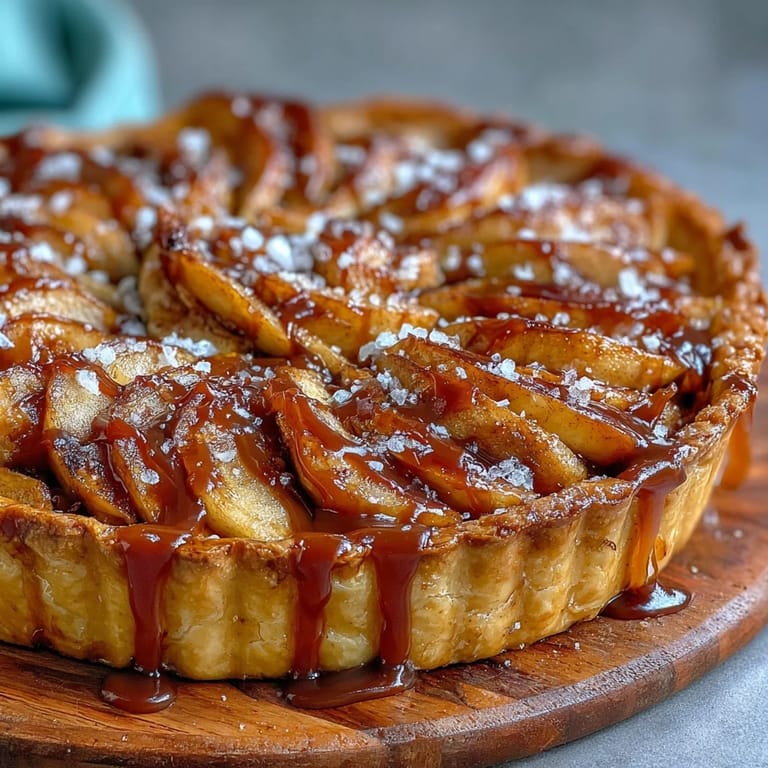 Warm spiced apple tart with homemade salted caramel, golden crust, and delicate sea salt flakes for a perfect sweet-salty balance.