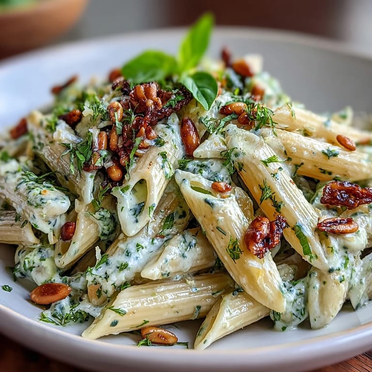 Velvety cream cheese pesto pasta tossed with al dente penne, fragrant basil, and crunchy pine nuts.