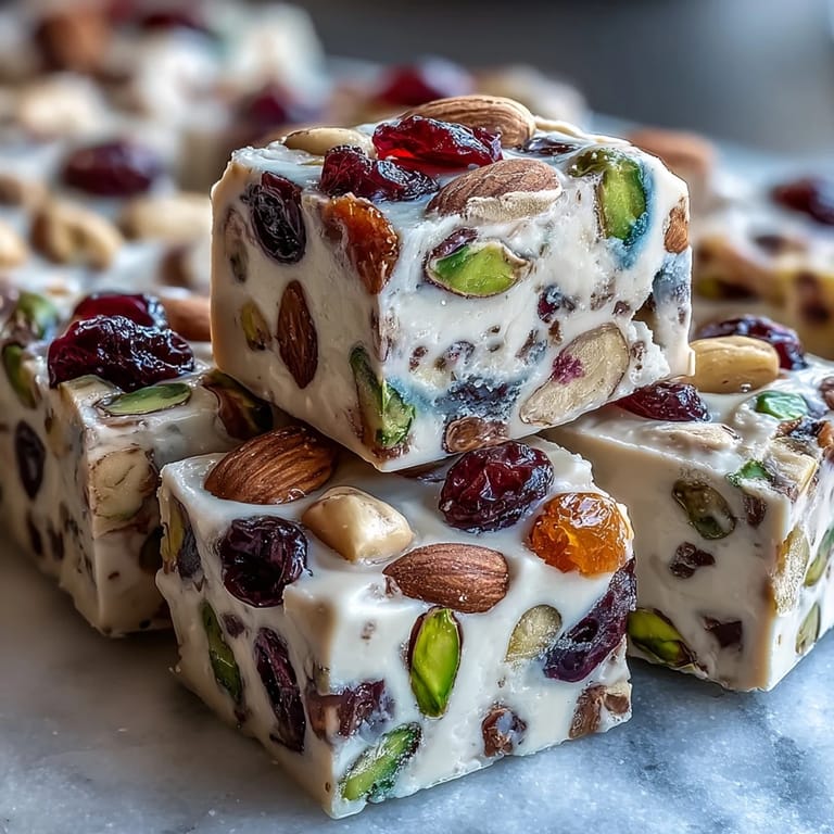 Close-up of golden pistachio nougat with roasted nuts and jewel-toned dried apricots, cherries, and cranberries.  