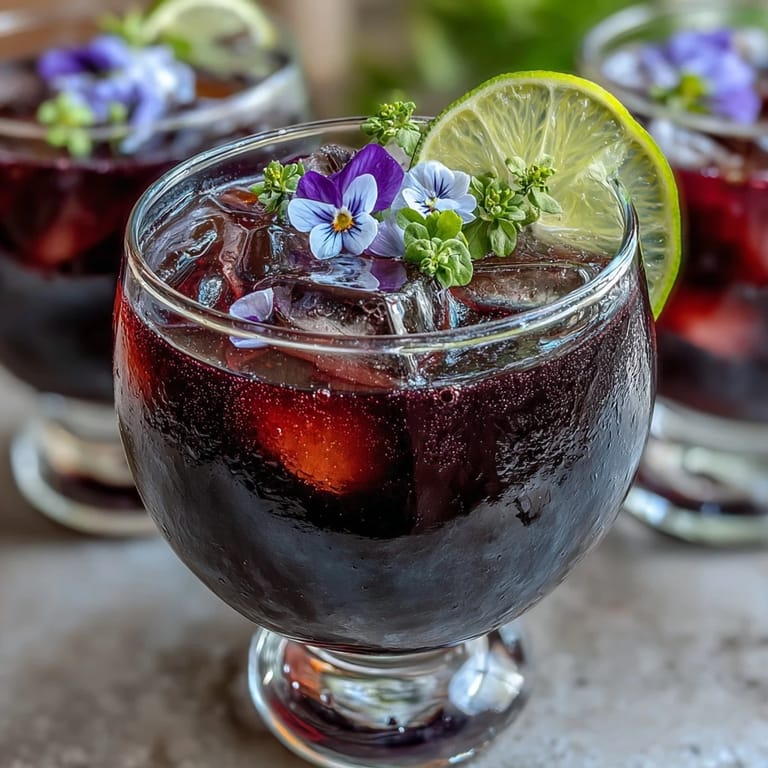 Refreshing black currant gin cocktail with bold gin, tangy lime, and soda water topped with edible flowers for an elegant drink.