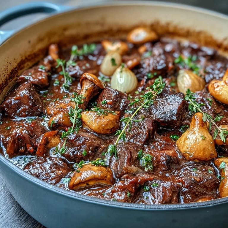 A rustic French beef stew featuring wild mushrooms, braised beef, and pearl onions in a glossy red wine sauce.