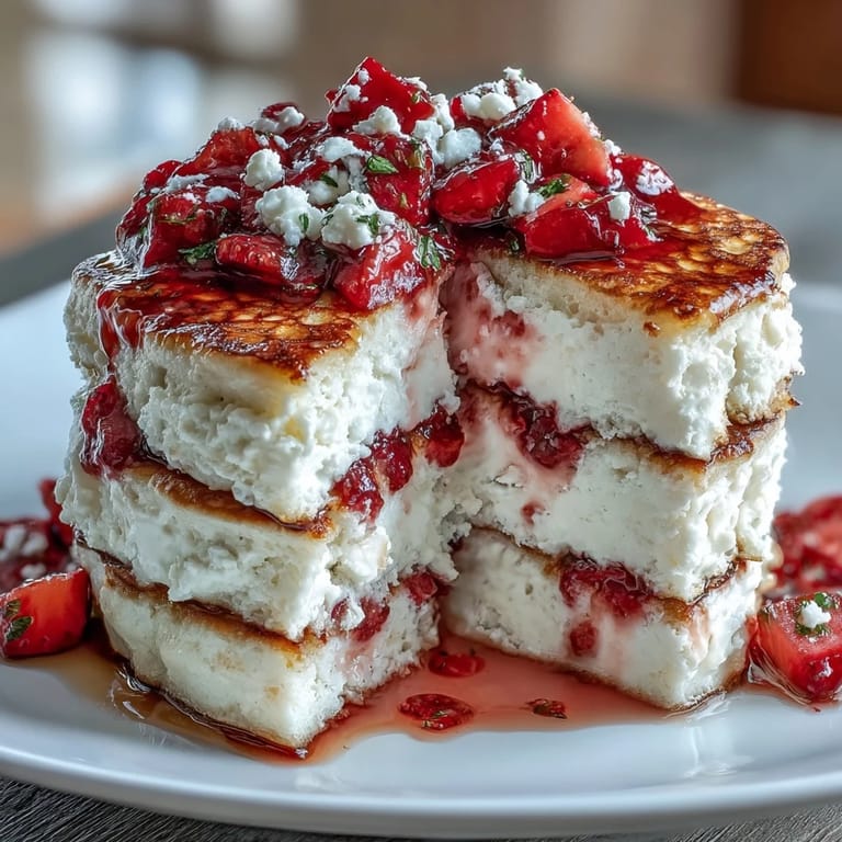 Fluffy pancakes bursting with juicy strawberries and creamy cottage cheese, served warm for a nutritious morning treat.  