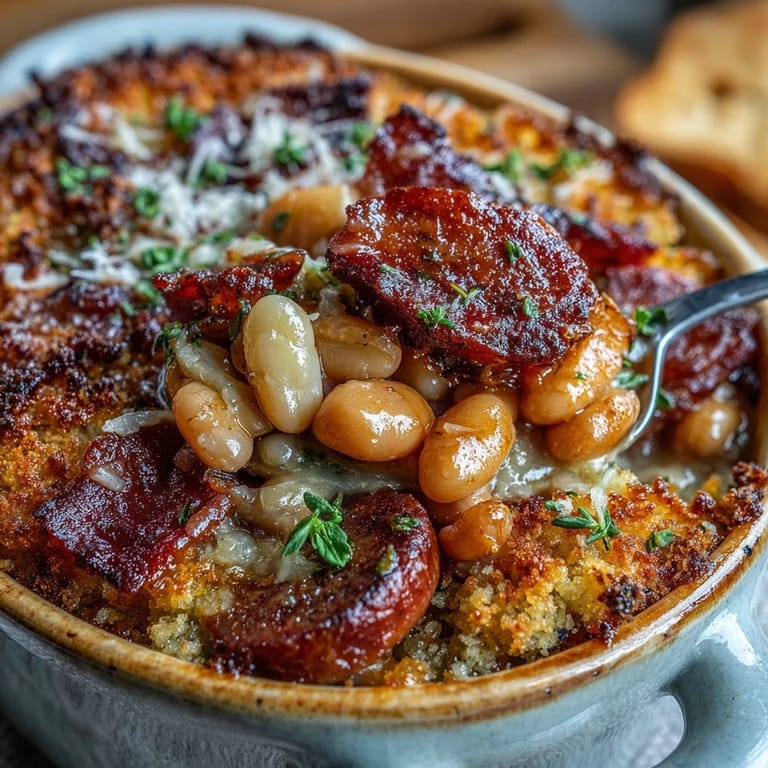 Smoky ham and creamy white beans mingle in a slow-cooked cassoulet, topped with golden breadcrumbs and fresh parsley.