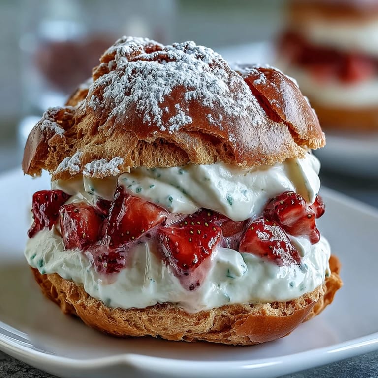 Golden choux pastry puffs bursting with luscious strawberry cream filling, garnished with sliced berries and a light dusting of sugar.