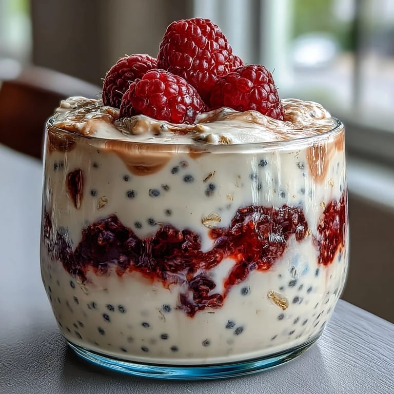 Overnight oats with raspberry chia seeds, layered in a glass jar with fresh berries.  