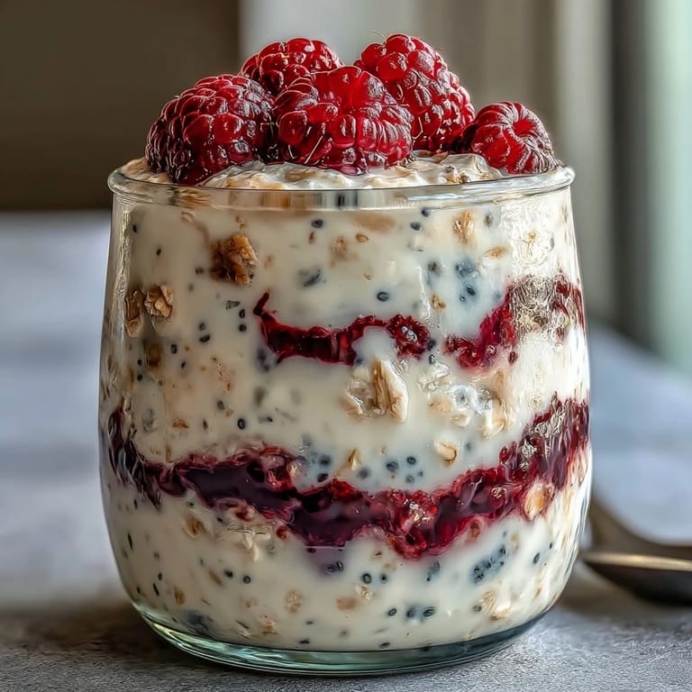 A healthy breakfast featuring overnight oats with raspberry chia seeds, topped with sliced almonds.