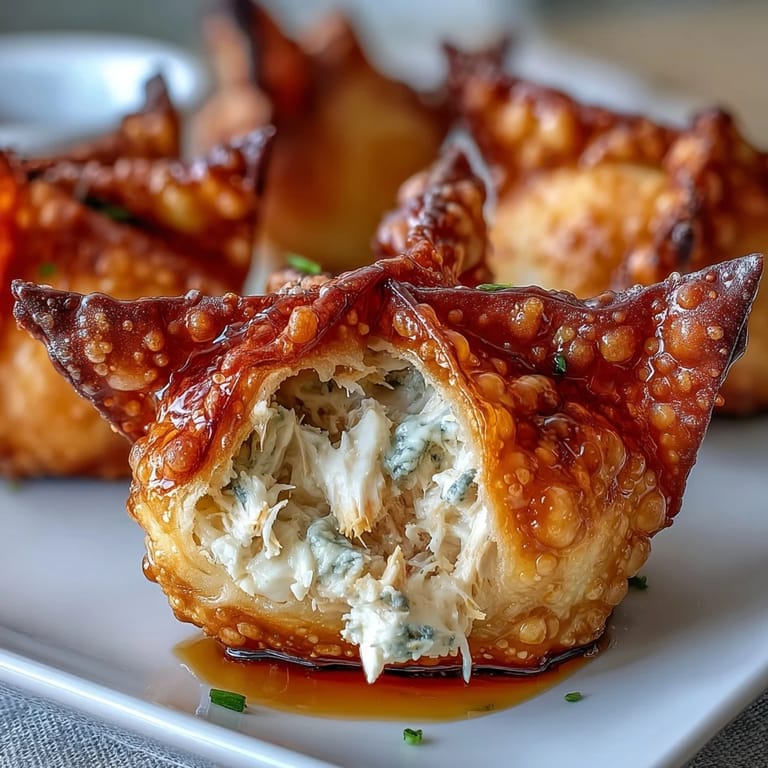 Golden wontons with a savory crab and cream cheese filling, lightly crisped in the air fryer for a healthier appetizer.  
