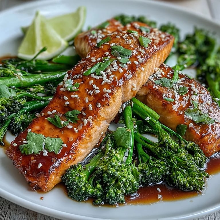Oven-roasted honey soy glazed salmon fillets paired with bright green sesame broccoli, perfect for a quick and healthy dinner.