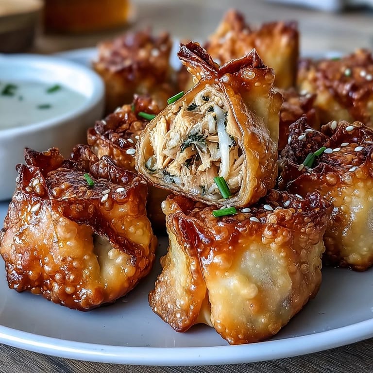 Golden-brown pan-fried dumpling bites with juicy chicken and shredded vegetables, served with a savory dipping sauce.  