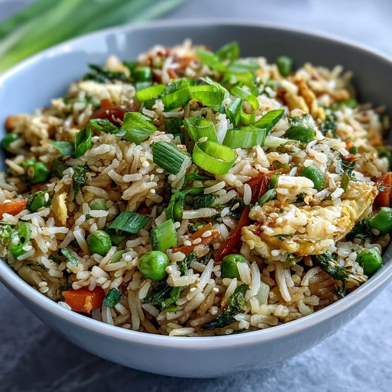 Healthy fried rice recipe featuring vibrant spring peas, carrots, and bell peppers, seasoned with soy and sesame oil.  