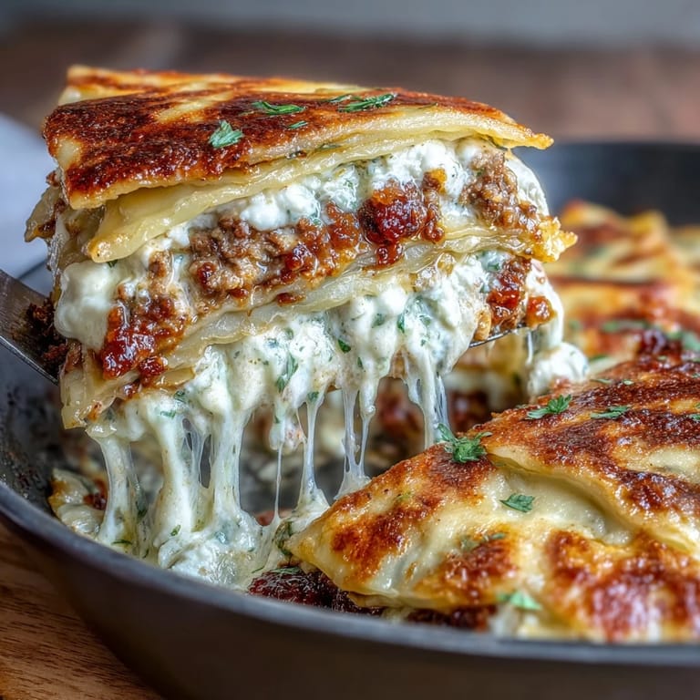 Ground turkey and cabbage lasagna skillet topped with mozzarella and ricotta, featuring soft dumpling wrappers baked to golden perfection.