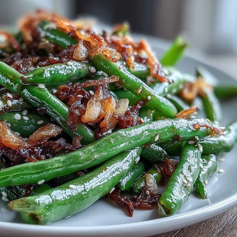 Fresh green beans sautéed with aromatic garlic and toasted sesame, finished with crunchy fried onions.