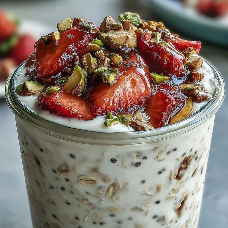 Wholesome overnight oats layered with juicy strawberries, crunchy pistachios, and a touch of honey for a nourishing breakfast.
