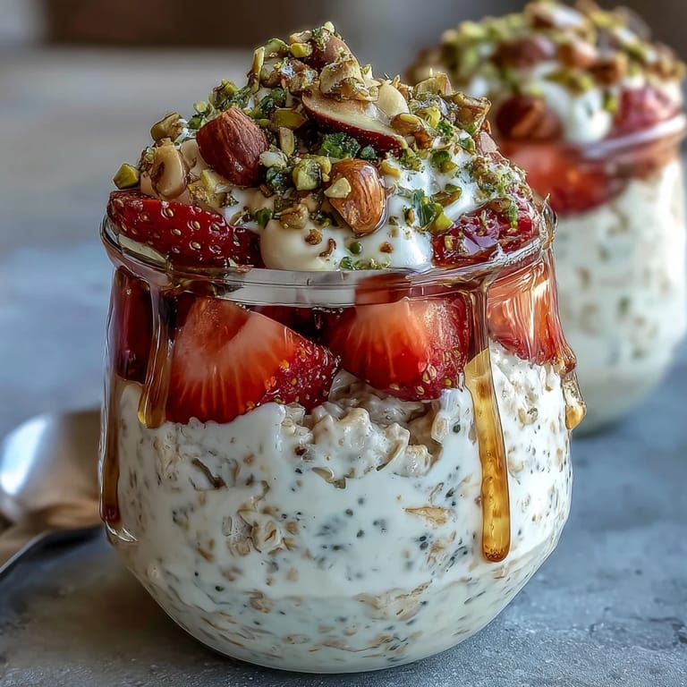 Make-ahead strawberry and pistachio overnight oats with creamy yogurt, chia seeds, and a sweet honey finish.