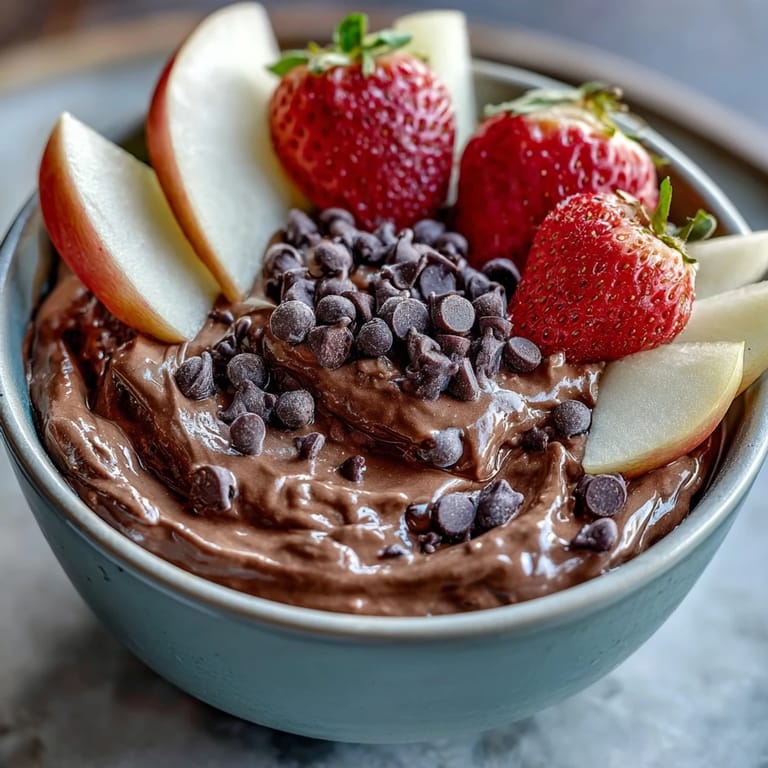Creamy cottage cheese brownie batter dip topped with mini chocolate chips, served with fresh strawberries, apple, banana, and grapes for dipping.  