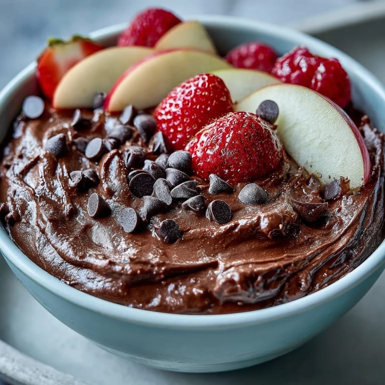 Rich and chocolatey cottage cheese brownie batter dip, garnished with extra chocolate chips, paired with colorful fresh fruit dippers on a platter.  