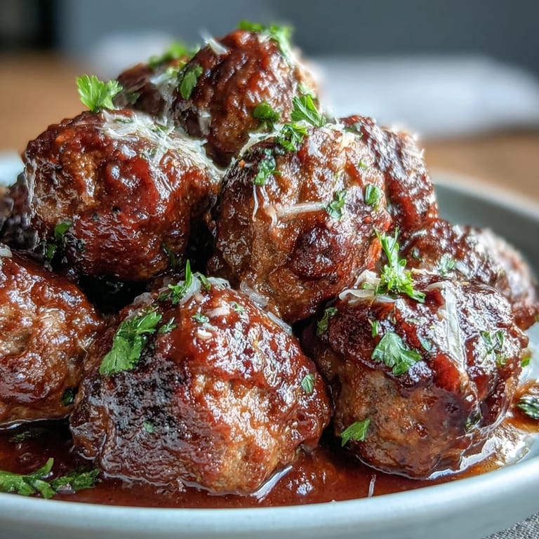 Savory beef meatballs simmered with herbs and Parmesan, served warm from the slow cooker with toothpicks.  