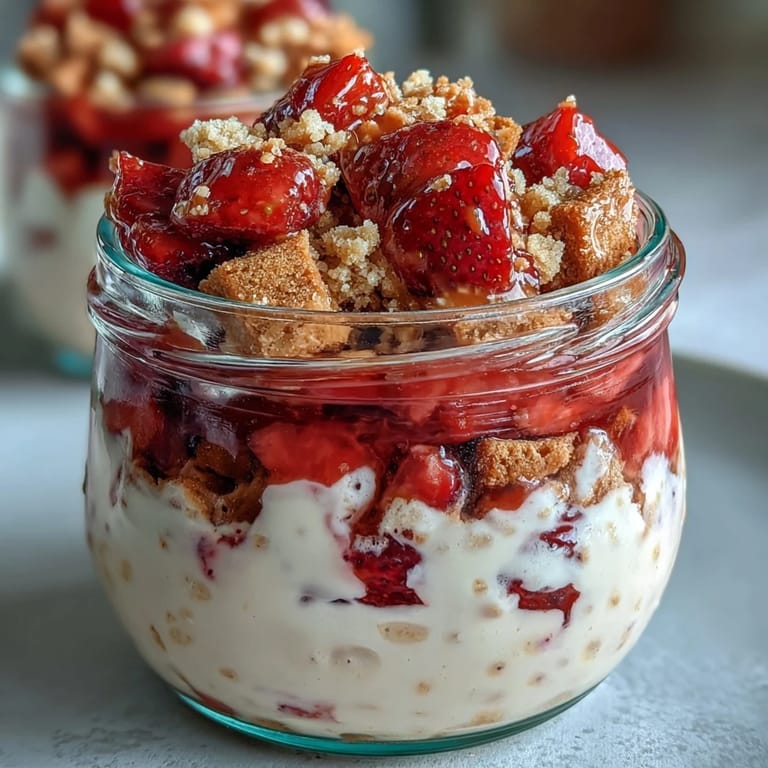 Strawberry cheesecake-inspired breakfast oats with Greek yogurt, cream cheese, and juicy diced berries.  