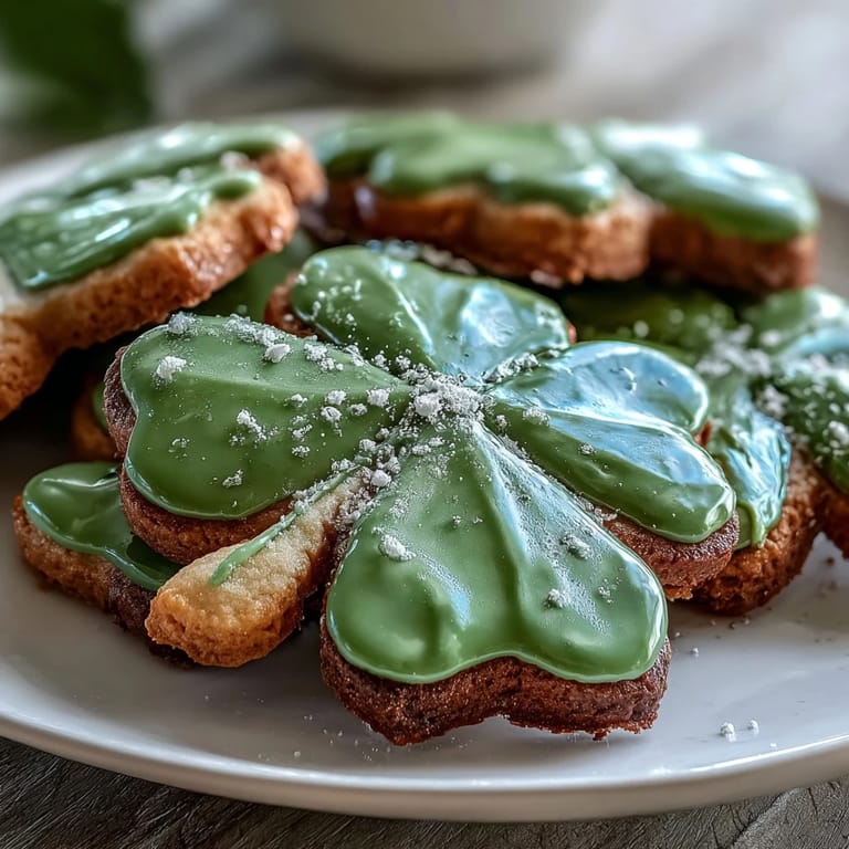 Festive St. Patrick's Day cookies featuring crisp sugar bases and hand-piped green royal icing for a traditional Irish treat.