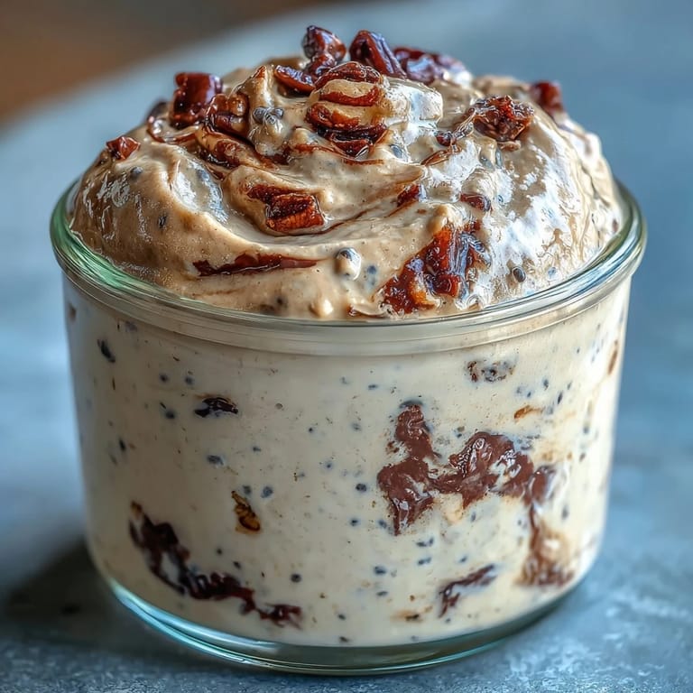 Wholesome overnight oats with Greek yogurt, oats, and chocolate chips, delivering a satisfying cookie dough flavor and high protein content.