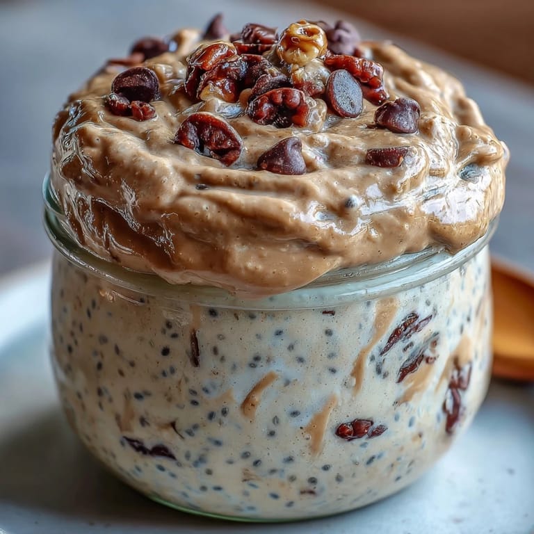 Protein-packed overnight oats featuring vanilla, chia seeds, and walnuts, offering a delicious cookie dough-inspired breakfast or post-workout snack.