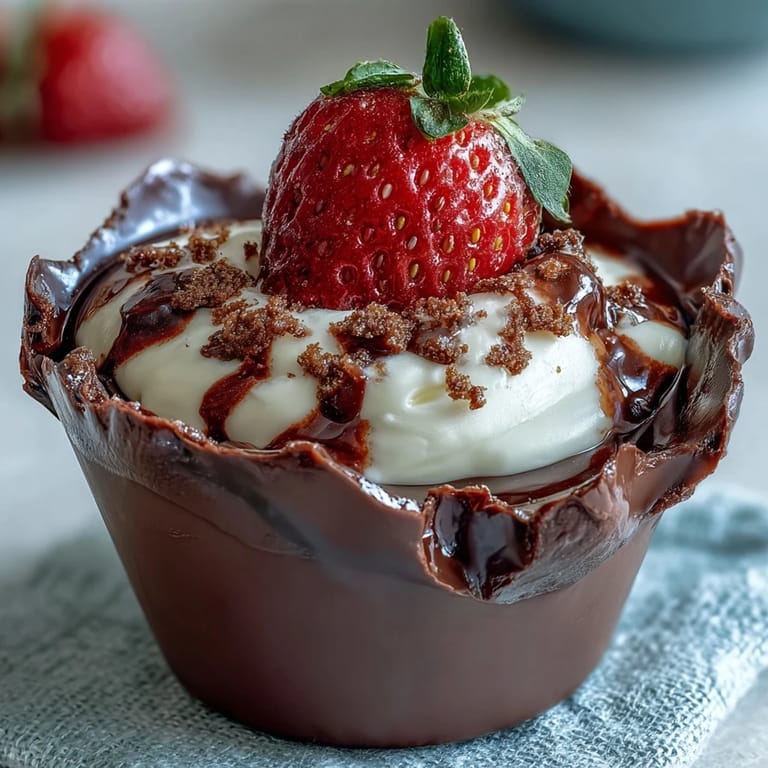 Close-up of a filled Dubai chocolate cup with strawberry cream and Biscoff crumbs.