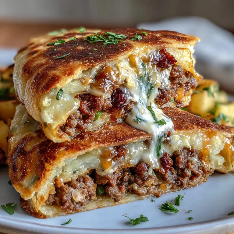 Fusion shepherds pie quesadilla featuring tender meat, buttery potatoes, and gooey cheese in a crunchy shell.