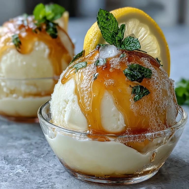 Elegant limoncello sorbet float garnished with lemon slices and mint, served in chilled glasses.