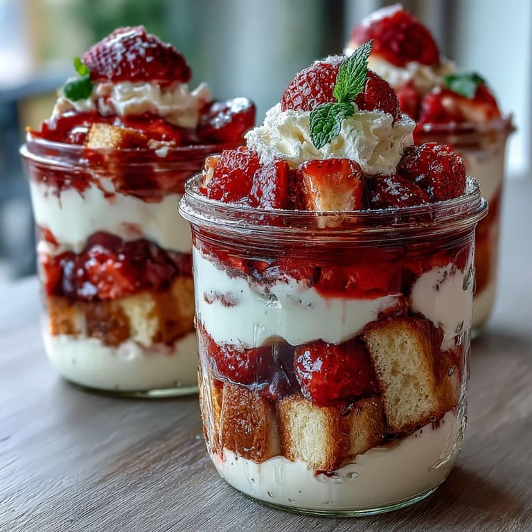 Portable strawberry shortcake parfaits in mason jars, combining fresh berries, soft cake, and creamy topping for summer.