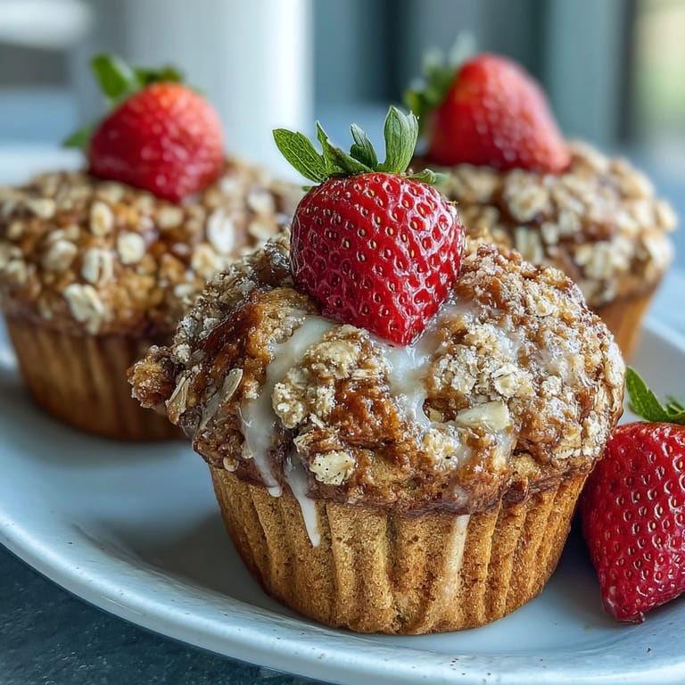 Wholesome strawberry muffins made with Greek yogurt and oats, topped with a sprinkle of oats, ideal for a nutritious snack.