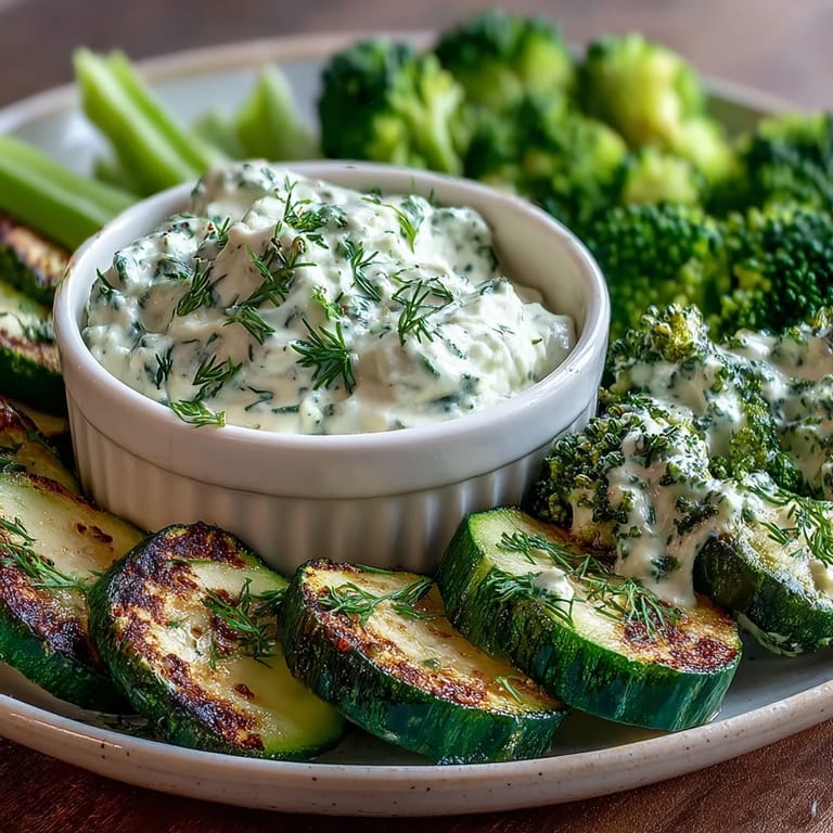Healthy green snack board with cucumber, snap peas, broccoli, and avocado ranch for dipping.