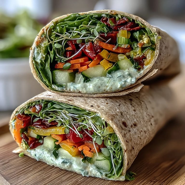 Brightly layered veggie wraps featuring red, yellow, and purple vegetables, ideal for a quick and wholesome lunch.