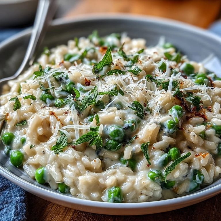 Vibrant green pea and mint risotto, creamy and rich, garnished with Parmesan and served as a stunning main course.
