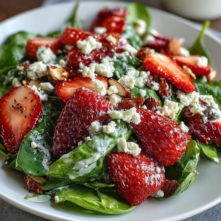 Vibrant strawberry spinach salad topped with creamy poppyseed dressing and tangy feta cheese.  