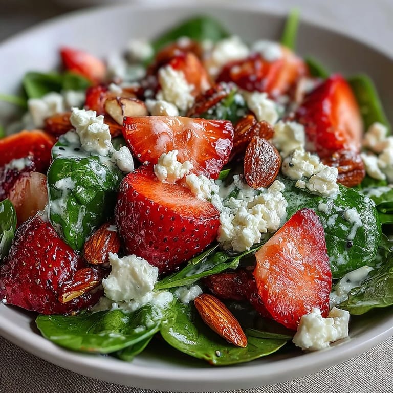 Colorful spinach salad with juicy strawberries, toasted almonds, and homemade poppyseed dressing for spring.