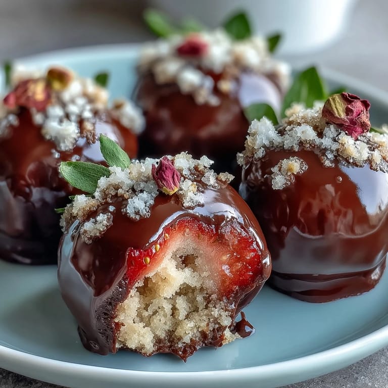 Elegant strawberry truffles inspired by Dubai, coated in glossy dark chocolate and dusted with pistachios.