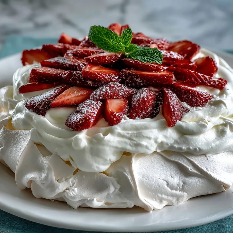 Golden-brown pavlova shell cradles a cloud of whipped cream and ripe strawberries, creating a stunning gluten-free dessert centerpiece.