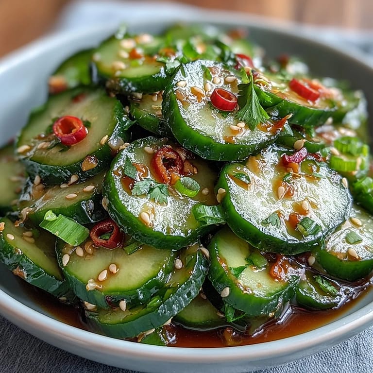 Light and tangy Asian cucumber salad featuring thin slices tossed in sesame-ginger dressing, offering a cool, crisp texture and vibrant flavor for any meal.