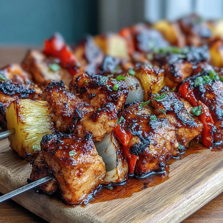 Vibrant Grilled Pineapple Chicken Skewers with smoky chicken, sweet pineapple, and crisp vegetables, garnished with fresh cilantro and lime.