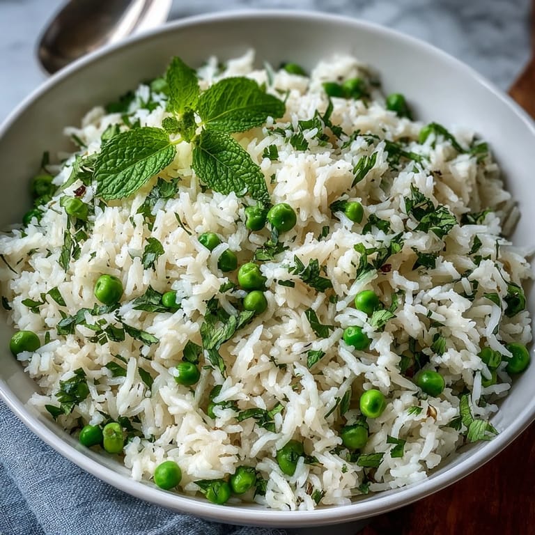 Close-up of Spring Pea and Mint Rice Pilaf, showing vibrant green peas and aromatic mint scattered over fluffy, buttery rice, ideal for a vegetarian side dish.